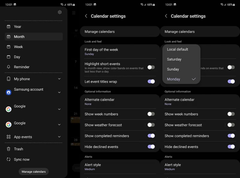 Configuración del Calendario de Samsung