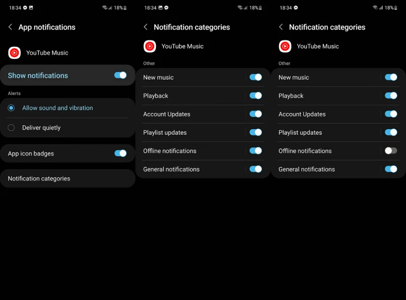 Desactivando notificaciones sin conexión en YouTube Music