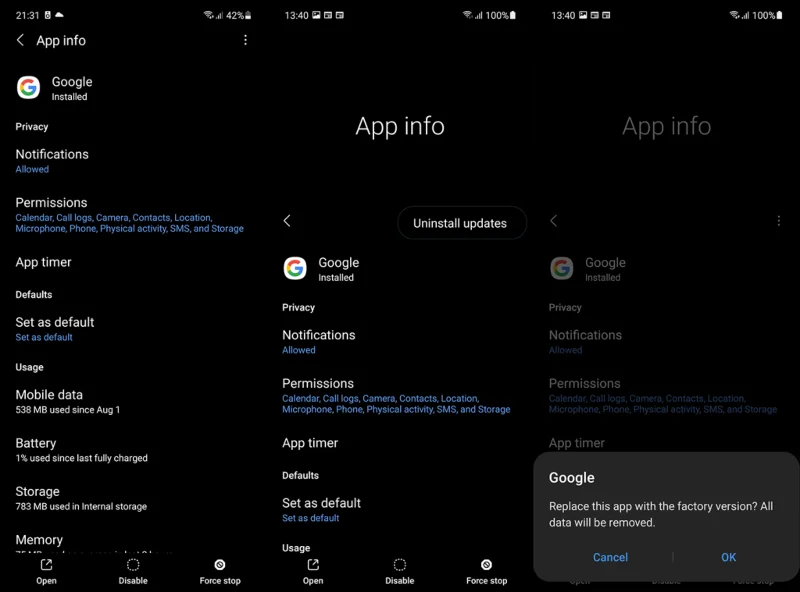 Desinstalar actualizaciones de Google