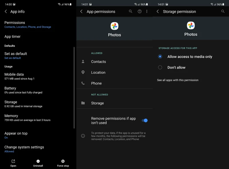 Verificar permissões do Google Fotos
