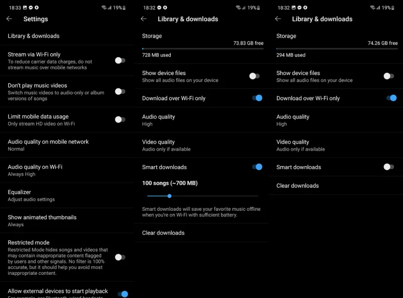 Desactivando descargas inteligentes en YouTube Music