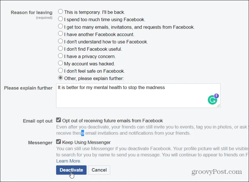 Cómo desactivar tu cuenta de Facebook pero mantener Facebook Messenger