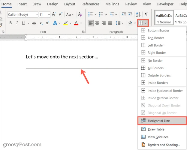 Insertar línea horizontal en Word