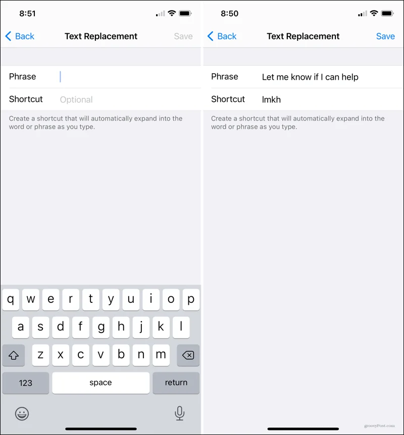 Jimat Masa Menaip Dengan Penggantian Teks pada iPhone