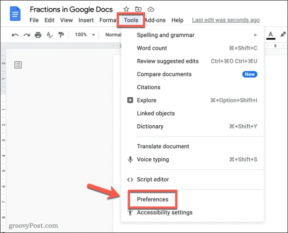 Cara Menulis Pecahan dalam Dokumen Google