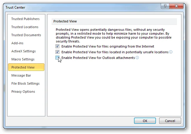 Lumpuhkan Paparan Dilindungi untuk Lampiran Outlook