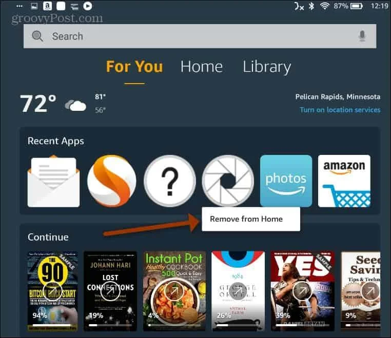 Eliminar elementos de la pantalla de inicio de Kindle Fire