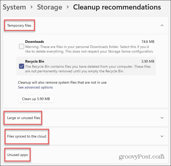 Освободите место на диске в Windows 11 с помощью рекомендаций по очистке