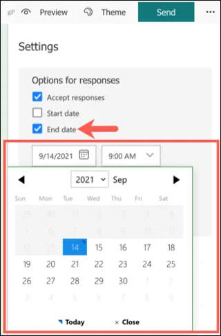 Tela de configuração de data de término