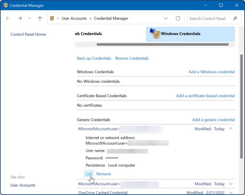 Editar credenciales en Credential Manager