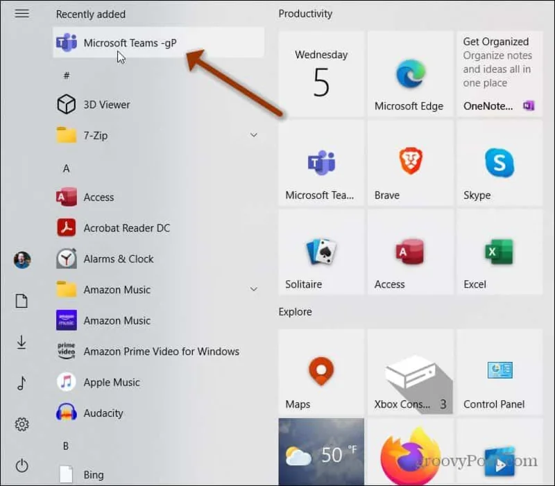 Encontrar Microsoft Teams no menu Iniciar