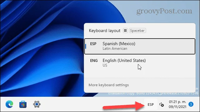 Ícone de idioma na barra de tarefas