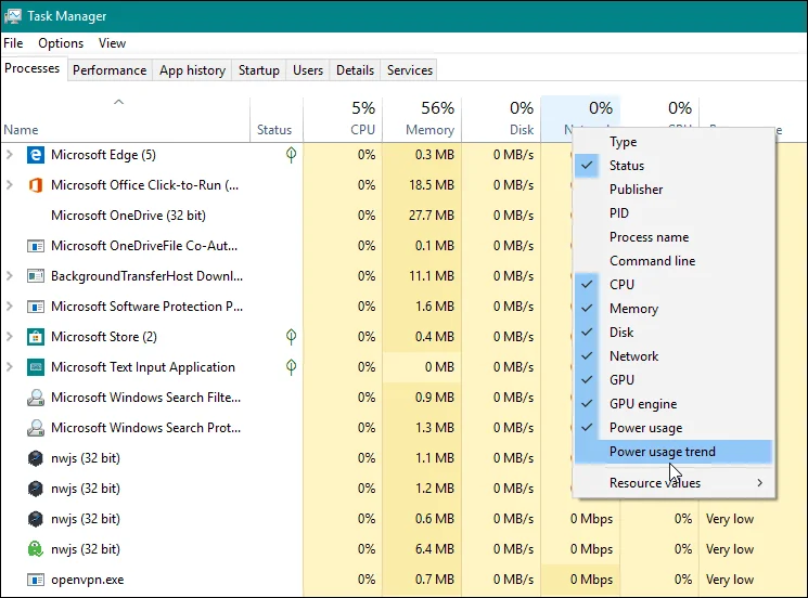 Pantau Penggunaan Kuasa Apl dalam Pengurus Tugas Windows 10