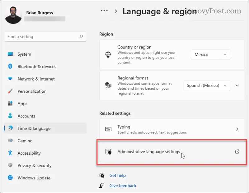 Configurações de idioma administrativo