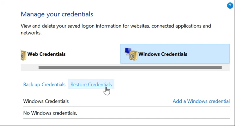 Restaurar credenciales en Credential Manager