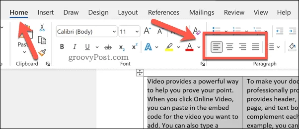 Ausrichtungsoptionen in Word