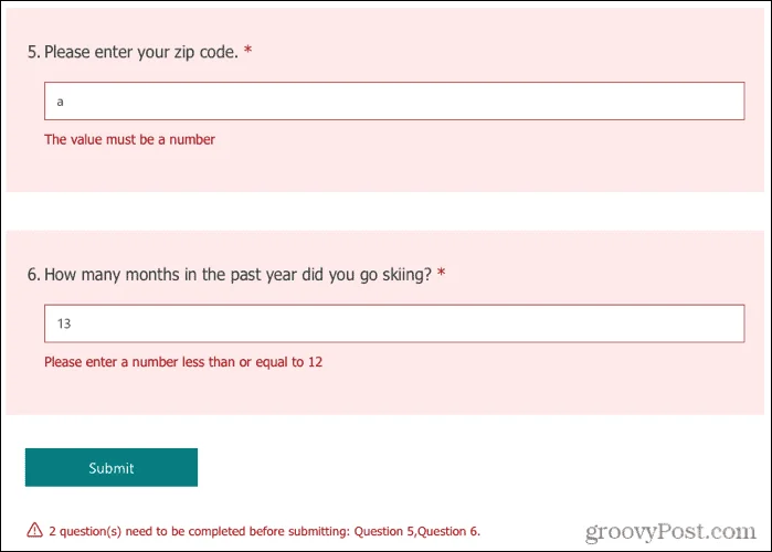 Mensajes de error en restricciones de Microsoft Forms