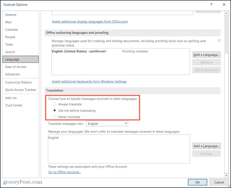 การตั้งค่าแปลใน Microsoft Outlook