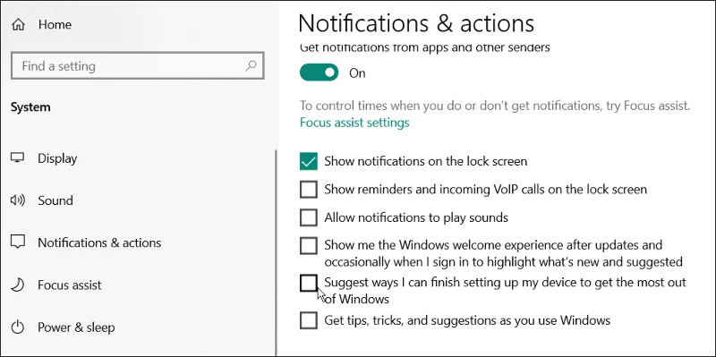 Desmarcando opções no Windows 10