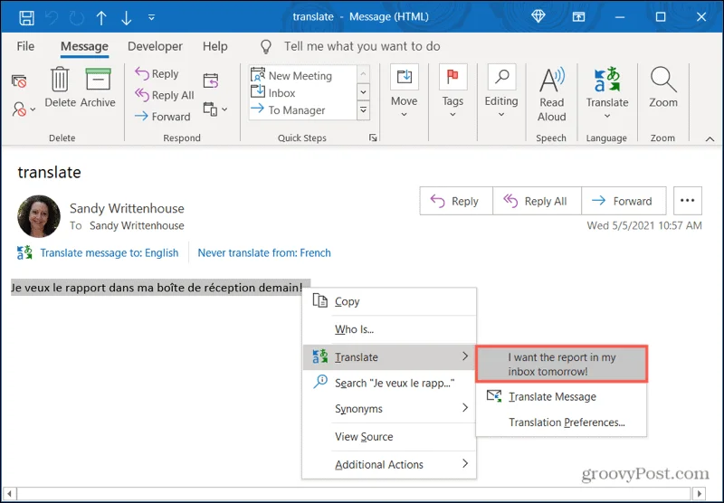 แปลอีเมลใน Microsoft Outlook
