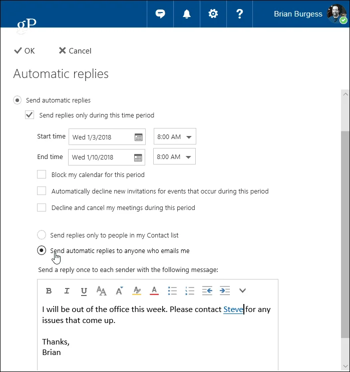 Cree respuestas automáticas en Outlook.com y la aplicación de correo de Windows 10
