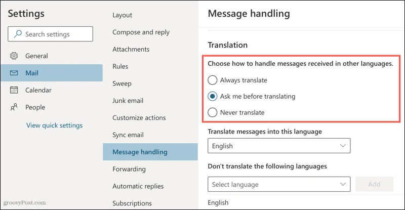 การตั้งค่าแปลใน Outlook สำหรับเว็บ
