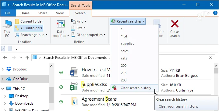 Cómo borrar, eliminar o deshabilitar el historial de búsqueda del Explorador de archivos de Windows 10
