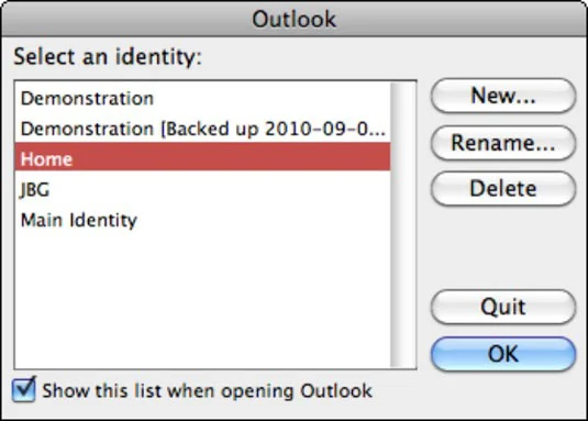 Wechseln von Outlook-Identitäten in Office 2011 für Mac