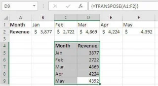 Auswahl des Bereichs in Excel: TRANSPOSE