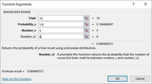 Funções de planilha do Excel para distribuição binomial