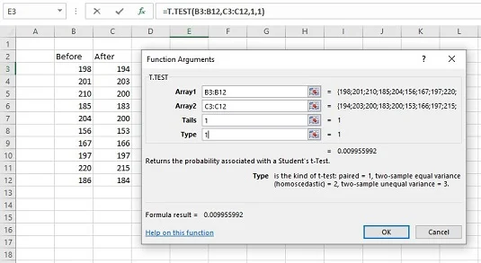 Como usar T.TEST para amostras correspondentes no Excel