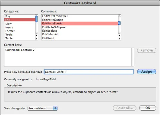 Anpassen der Tastenkombinationen von Word in Office 2011 für Mac