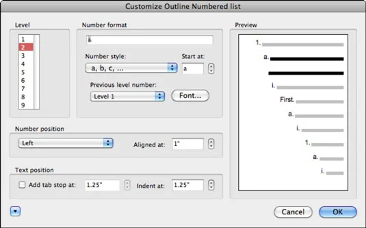 Erstellen von nummerierten Listen mit mehreren Ebenen in Word 2011 für Mac