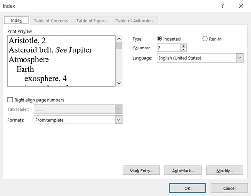En Word 2016, marcar entradas de índice con un archivo de concordancia