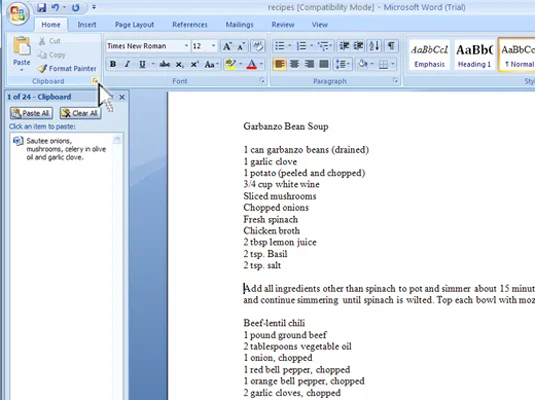 Sammeln und Einfügen aus der Zwischenablage in Word 2007