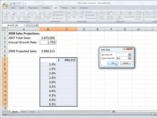 Como criar uma tabela de dados de uma variável no Excel 2007