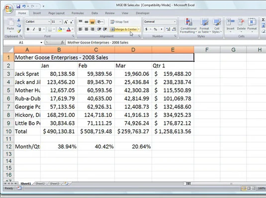 Zusammenführen und Teilen von Zellen in Excel 2007