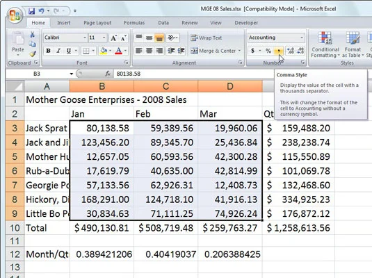 Arbeiten mit dem Kommastil in Excel 2007