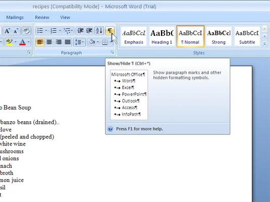 Nicht druckbare Zeichen in Word 2007 anzeigen oder ausblenden