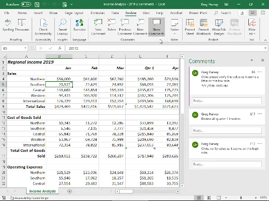 Recursos de notas e compartilhamento de arquivos na atualização do Excel 2016