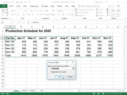 Excel 2019-Formatierung: Verwenden des Formats als Tabellengalerie