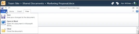 Recursos da interface do Word Web App