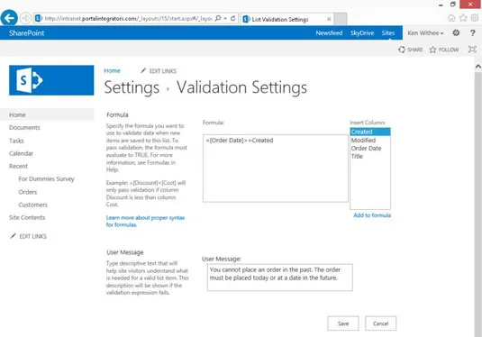 Sahkan Kemasukan Data dalam Lajur SharePoint