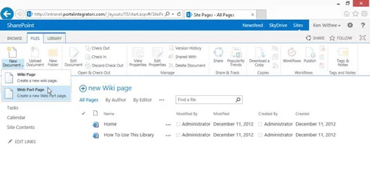 Como escolher um conteúdo wiki ou uma página de peças da Web no SharePoint