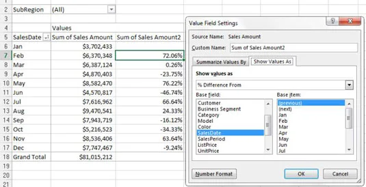 Crie uma visualização de variação mês a mês da tabela dinâmica para o seu relatório do Excel