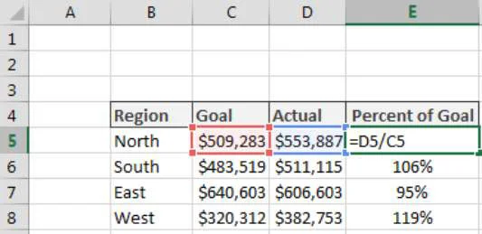 Berechnung des Prozentsatzes des Ziels in Excel