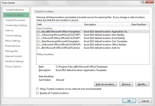 Locais confiáveis ​​e macros do Excel