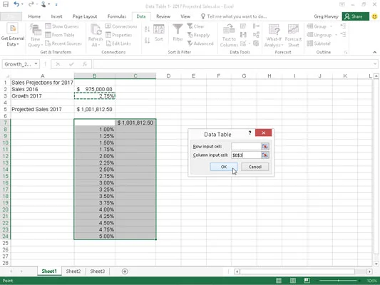 So erstellen Sie eine Datentabelle mit einer Variablen in Excel 2016