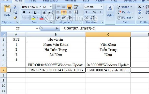SAĞ işlevi, Excel'de karakter dizesini sağa kesmek için işlevin nasıl kullanılacağı