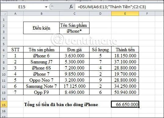 Résultat de la formule DSUM pour les ventes d'iPhone